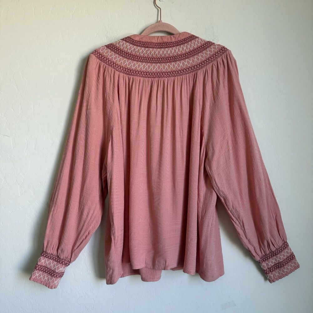 Nurture by Westbound 2X Pink Embroidered Boho Long Sleeve Peasant Blouse Flowy - Picture 5 of 14